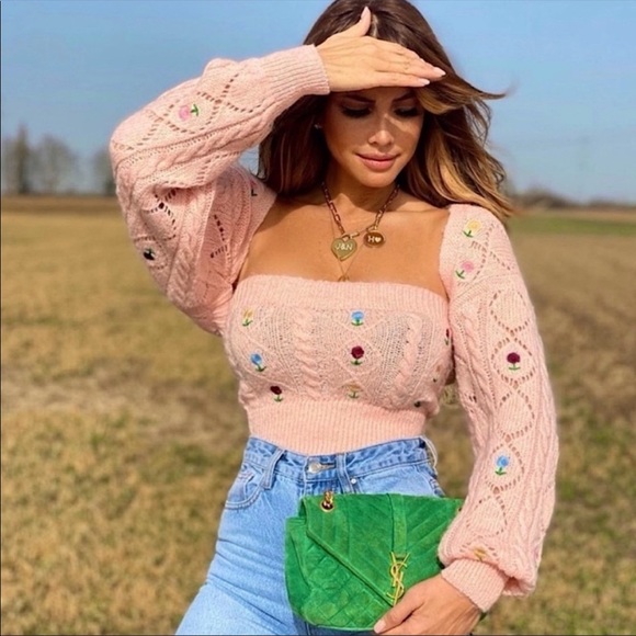 Zara Tops - NWT ZARA | Pink Knit Embroidered Floral Bandeau Top women size Small